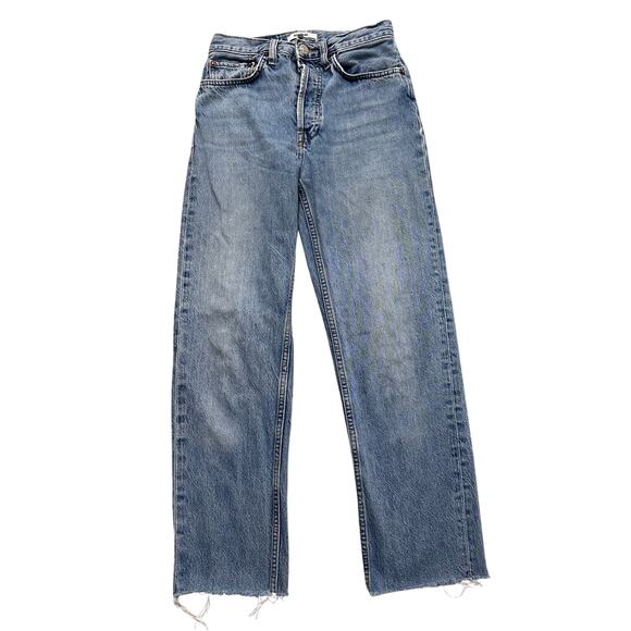 RE/DONE Jeans Womens 26 Blu 70s High Rise Stove Pipe Straight Leg Fringe Raw - Picture 2 of 9